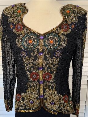 VTG Black Tie He-Ro Industries Silk Beaded Sequin Top Blouse